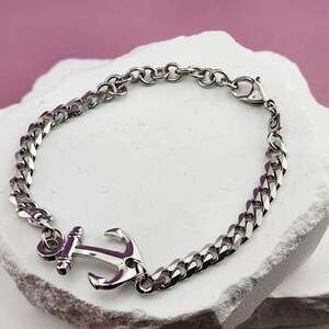 Silver Tone Anchor Curb Chain Bracelet Adjustable Nautical Statement Jewelry